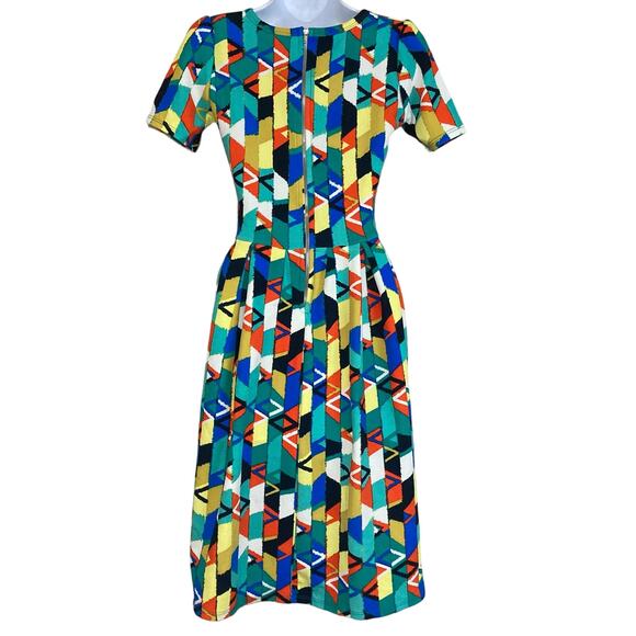 NEW LuLalRoe Amelia Dress Colorful Fit Flare Geometric Pattern Pleat Stretch XXS - Picture 5 of 16